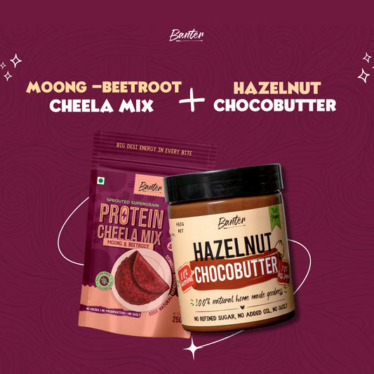 HAZELNUT CHOCOBUTTER + MOONG-BEETROOT CHEELA MIX