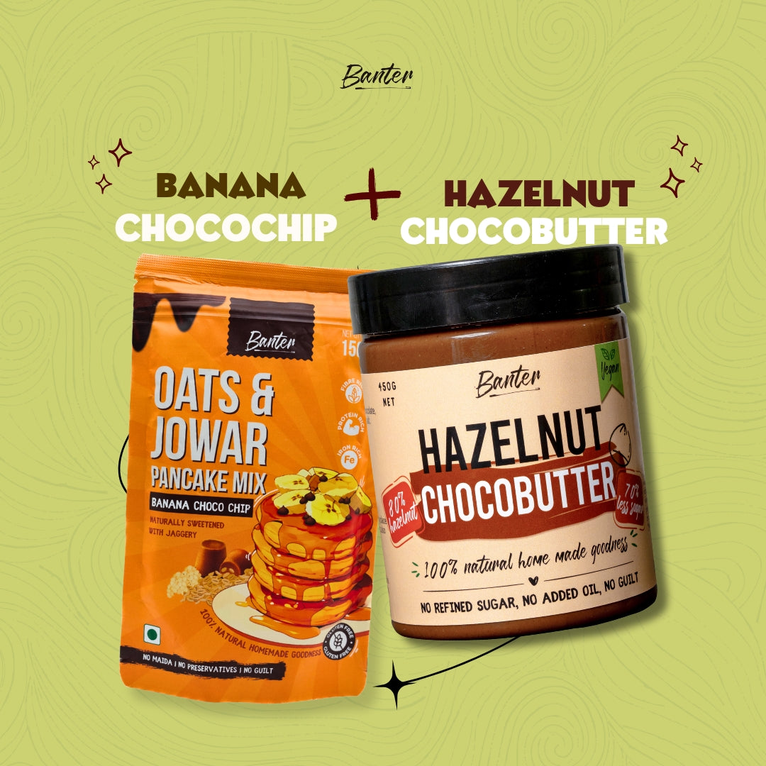 BANANA CHOCO CHIP PANCAKE MIX + HAZELNUT CHOCOBUTTER